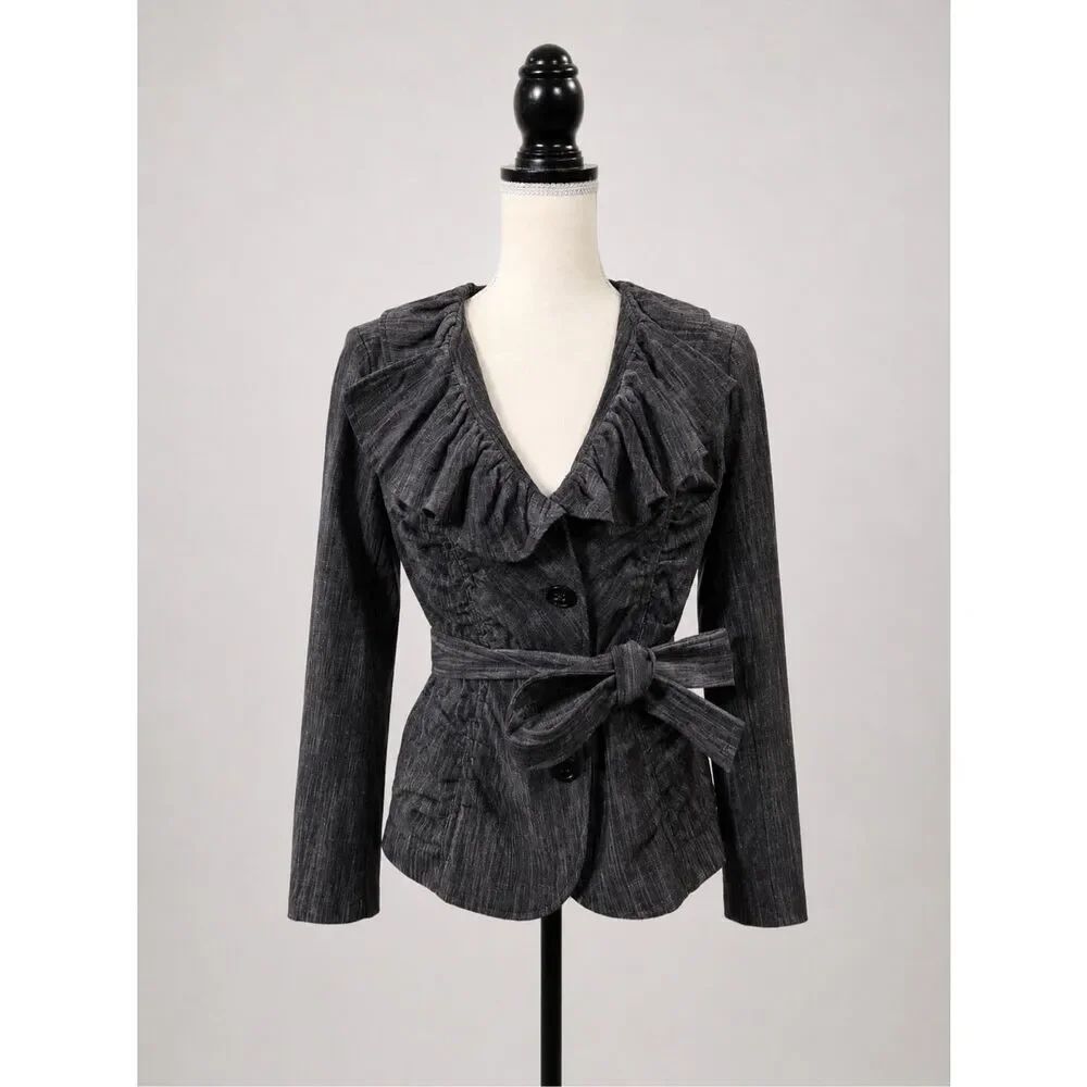 VTG Bamboo Traders Ruffle Denim Blazer Jacket Womens S Gray Belted Stretch Y2K
